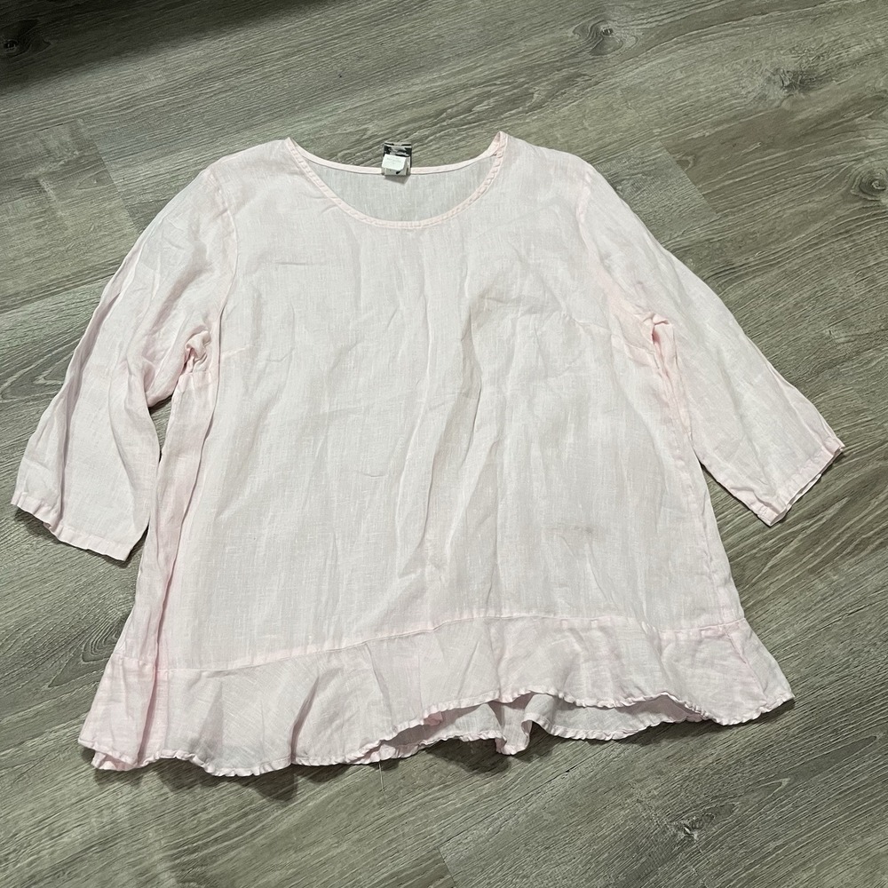 Match Point 100% Linen Blouse Top Ruffle Hem 3/4 Sleeves Light Pink Large